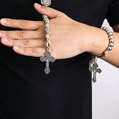 Silver Beads Paracord Rosary Rugged Necklace Set St. Michael & St.Benedict 22" Nazareth Store
