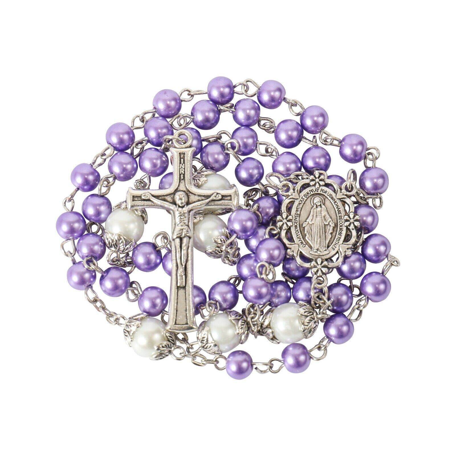 Purple Pearl Beads Rosary White Our Father Beaded Necklace Lourdes Medal & Cross Crucifix - Nazareth Store