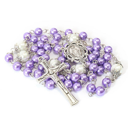 Purple Pearl Rosary Beads White Our Father Beads with Lourdes Medal & Crucifix Necklace - Nazareth Store