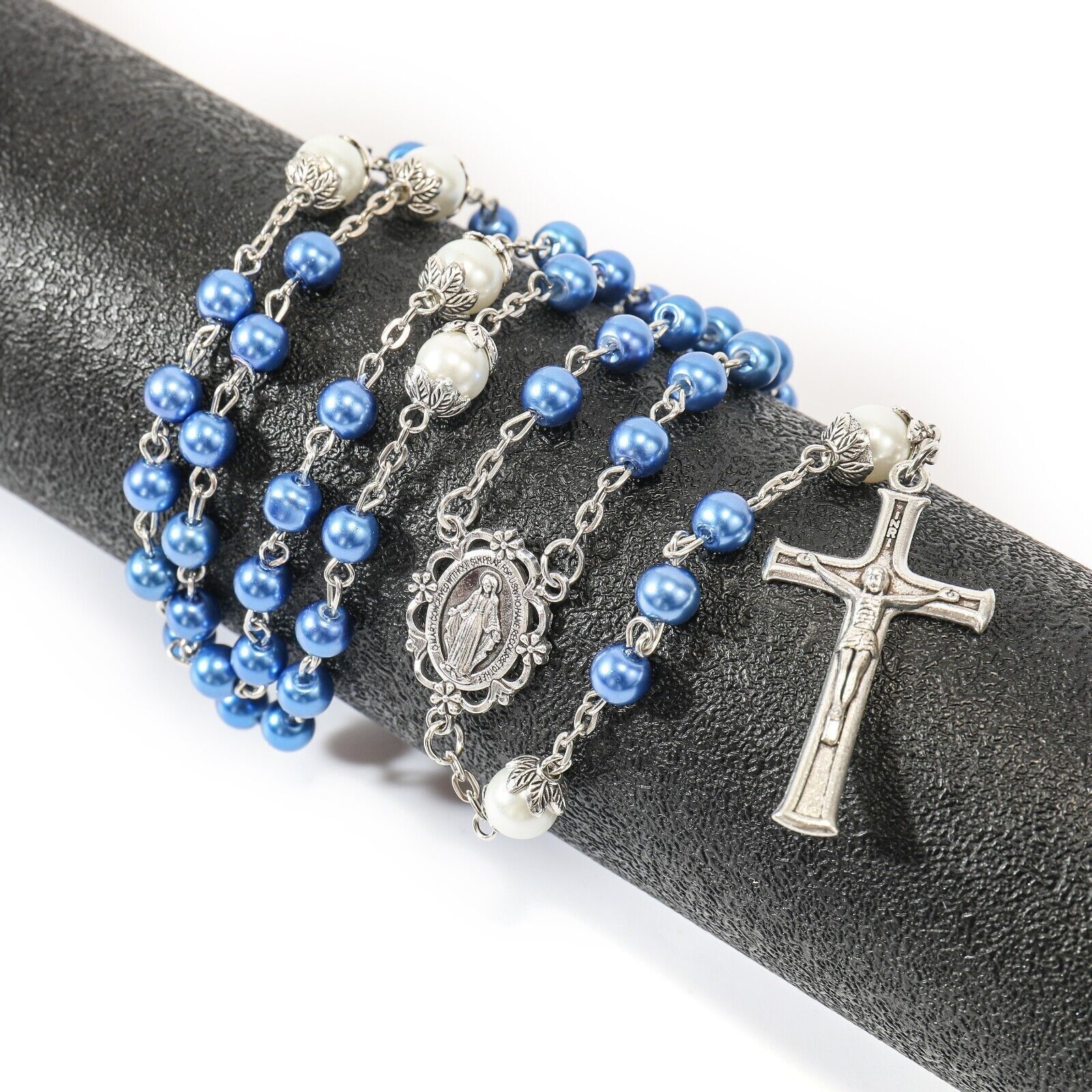 Blue Pearl-like Glass Rosaries White Mystery Beads with Purple Velvet Bag Nazareth Store