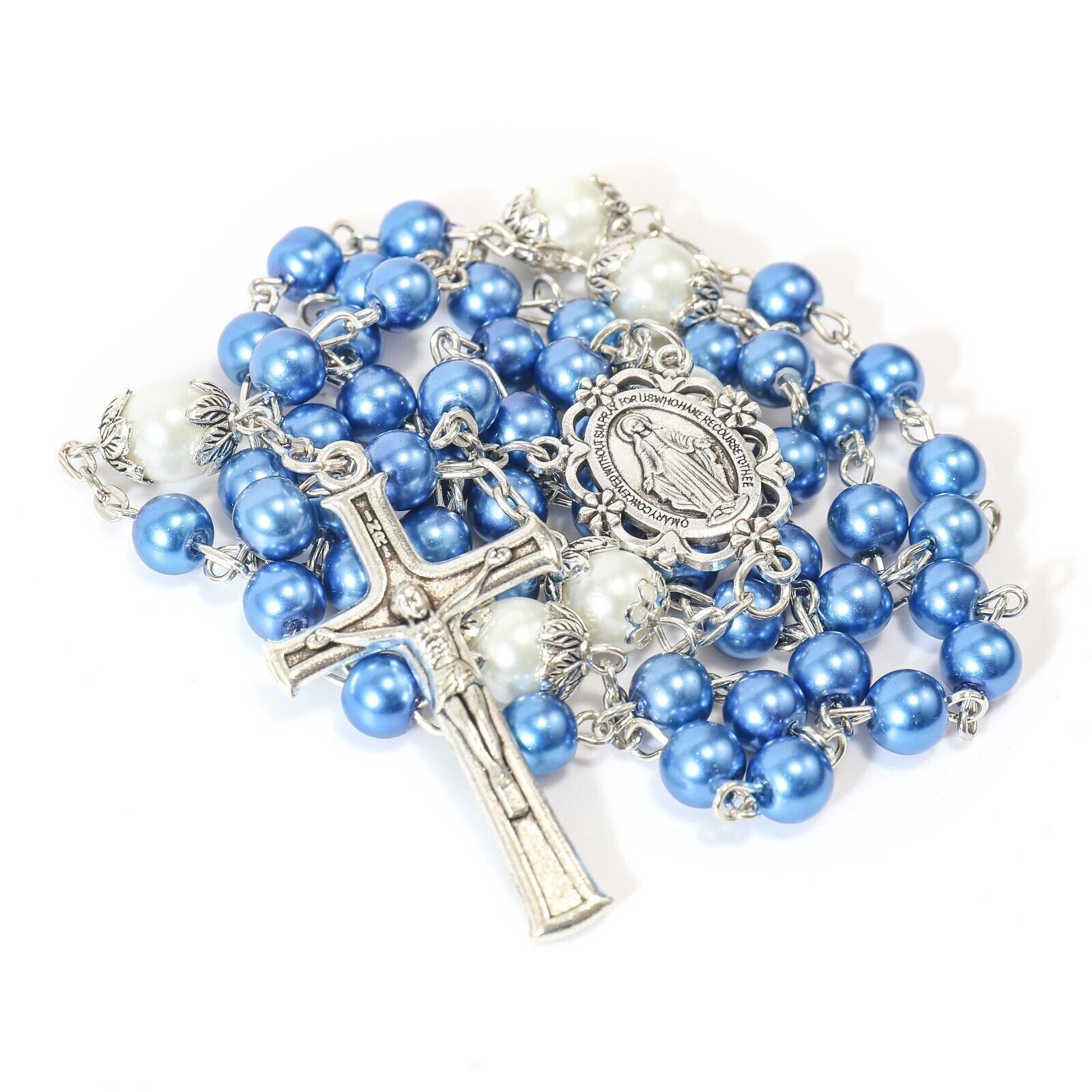 Blue Pearl-like Glass Rosaries White Mystery Beads with Purple Velvet Bag Nazareth Store