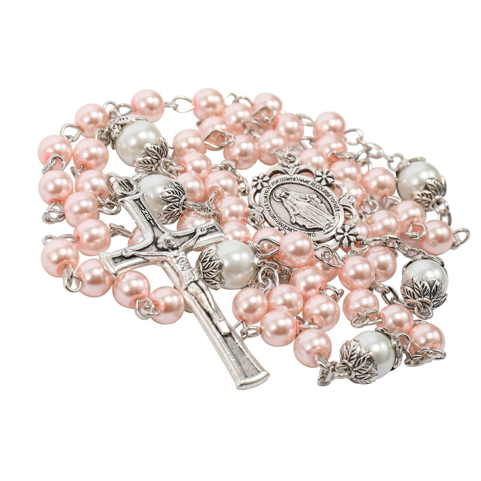 Pink Pearl-like Glass Rosaries White Mystery Beads with Purple Velvet Bag Nazareth Store