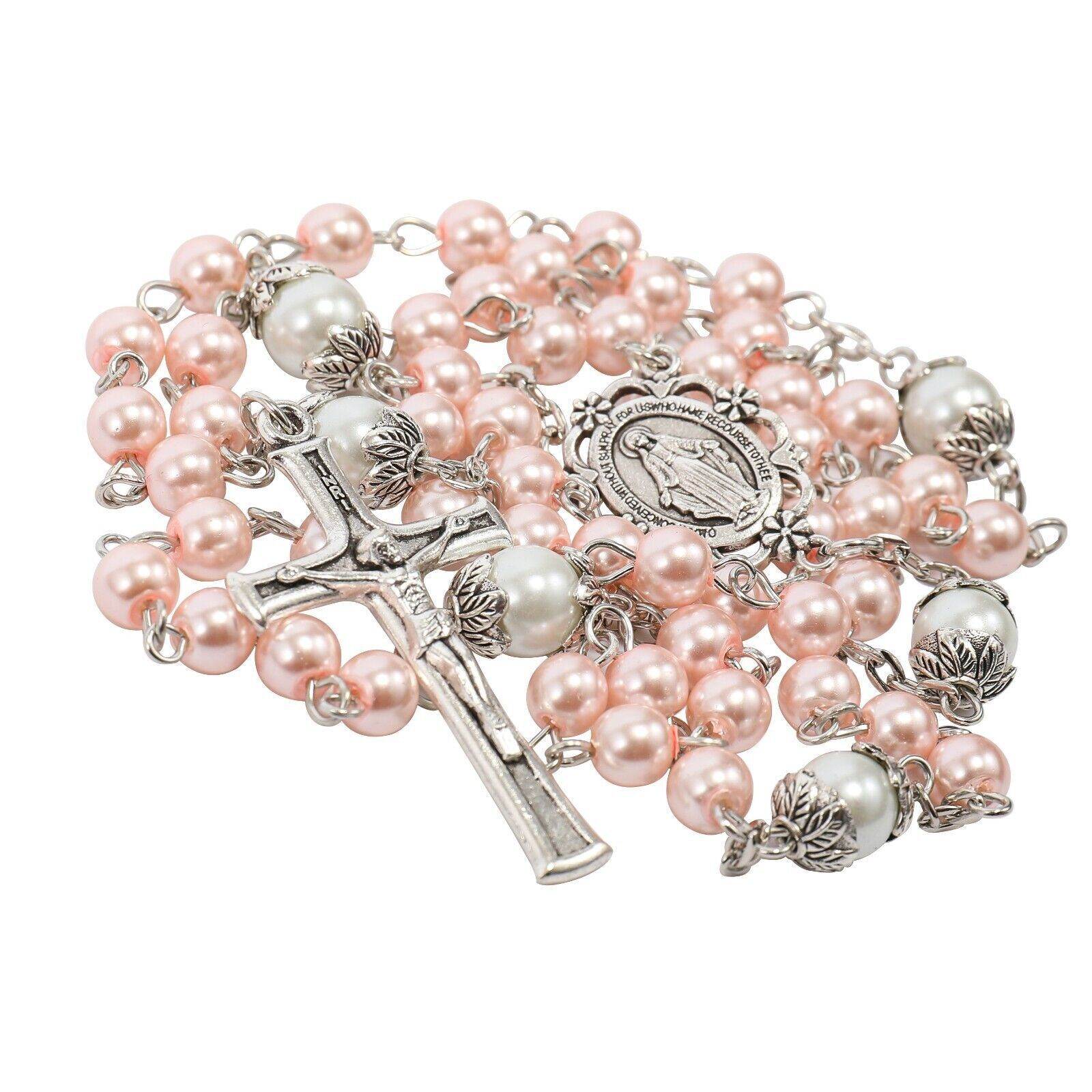 Pink Pearl Beads Rosary White Our Father Beaded Necklace Lourdes Medal & Cross Crucifix - Nazareth Store