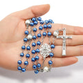 Blue Pearl-like Glass Rosaries White Mystery Beads with Purple Velvet Bag Nazareth Store