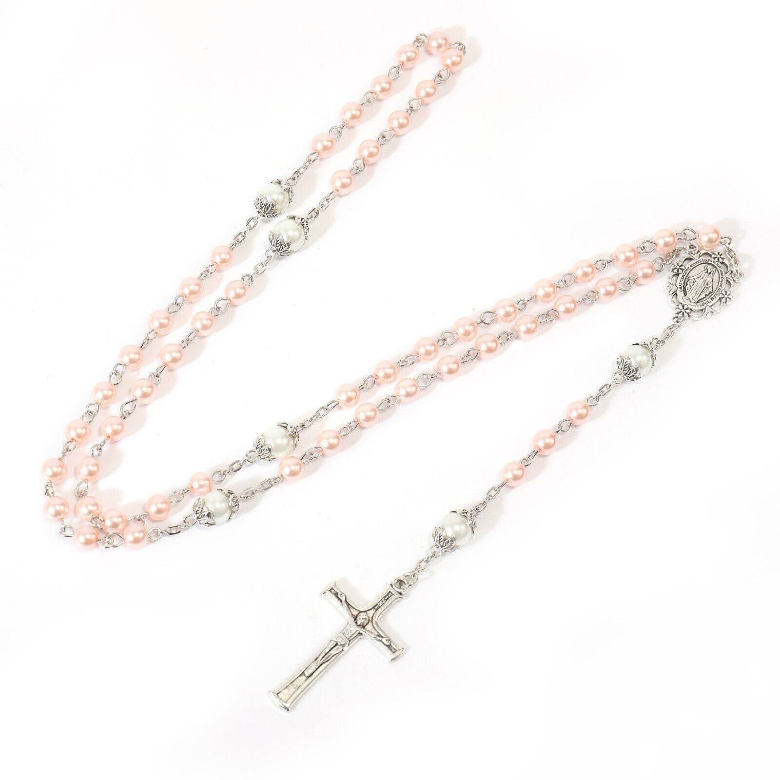 Pink Pearl Beads Rosary White Our Father Beaded Necklace Lourdes Medal & Cross Crucifix - Nazareth Store