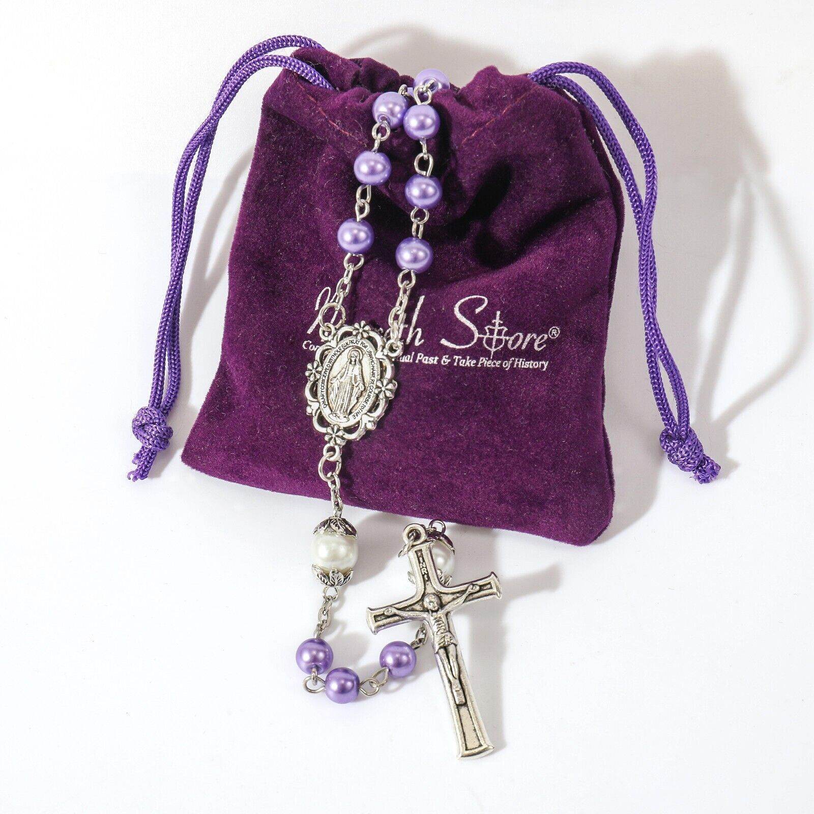Purple Pearl Rosary Beads White Our Father Beads with Lourdes Medal & Crucifix Necklace - Nazareth Store
