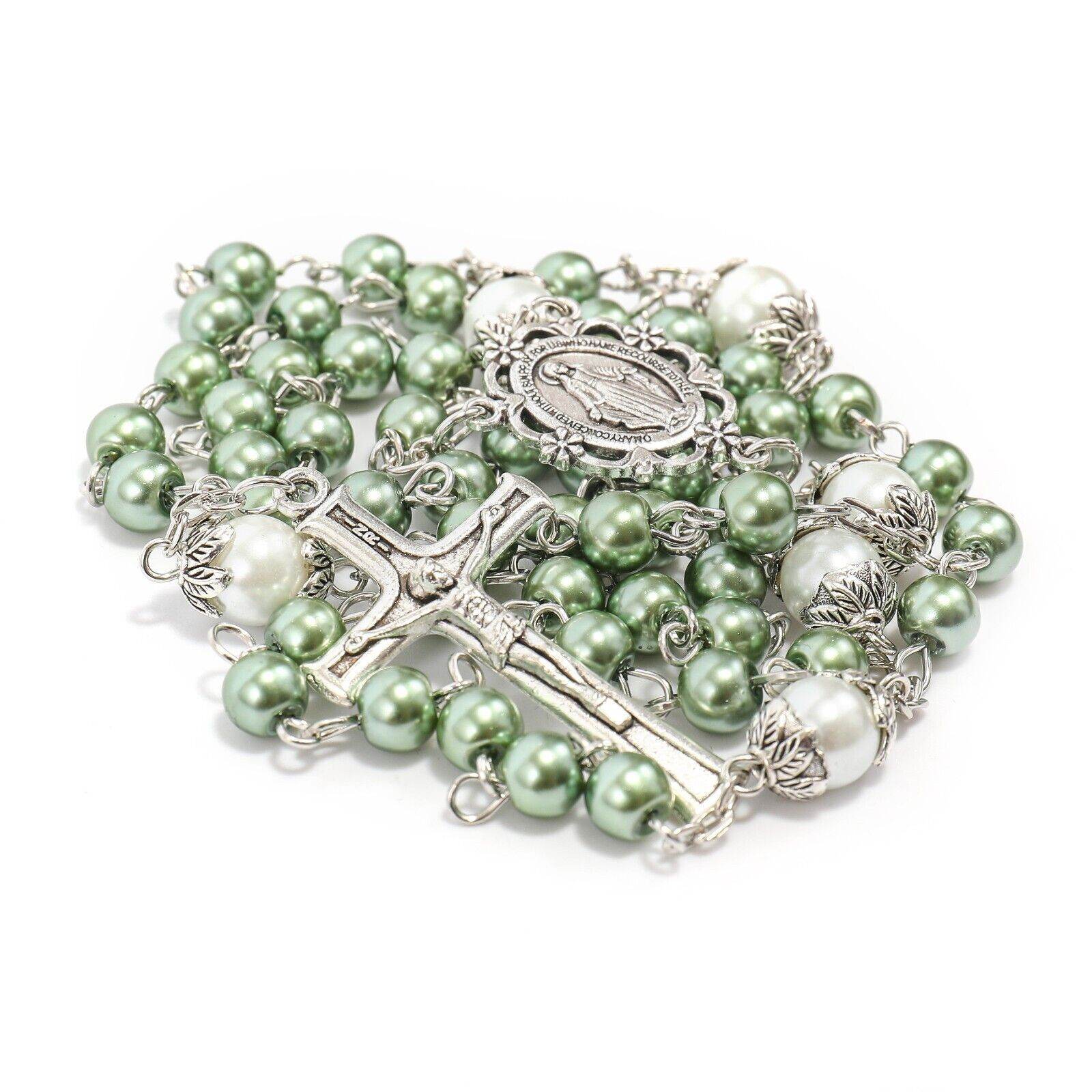 Green Pearl Beads Rosary White Our Father Beaded Necklace Lourdes Medal & Cross Crucifix - Nazareth Store