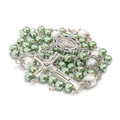 Green Pearl Beads Rosary Necklace White Our Father Beads with Lourdes Medal & Cross Crucifix - Nazareth Store