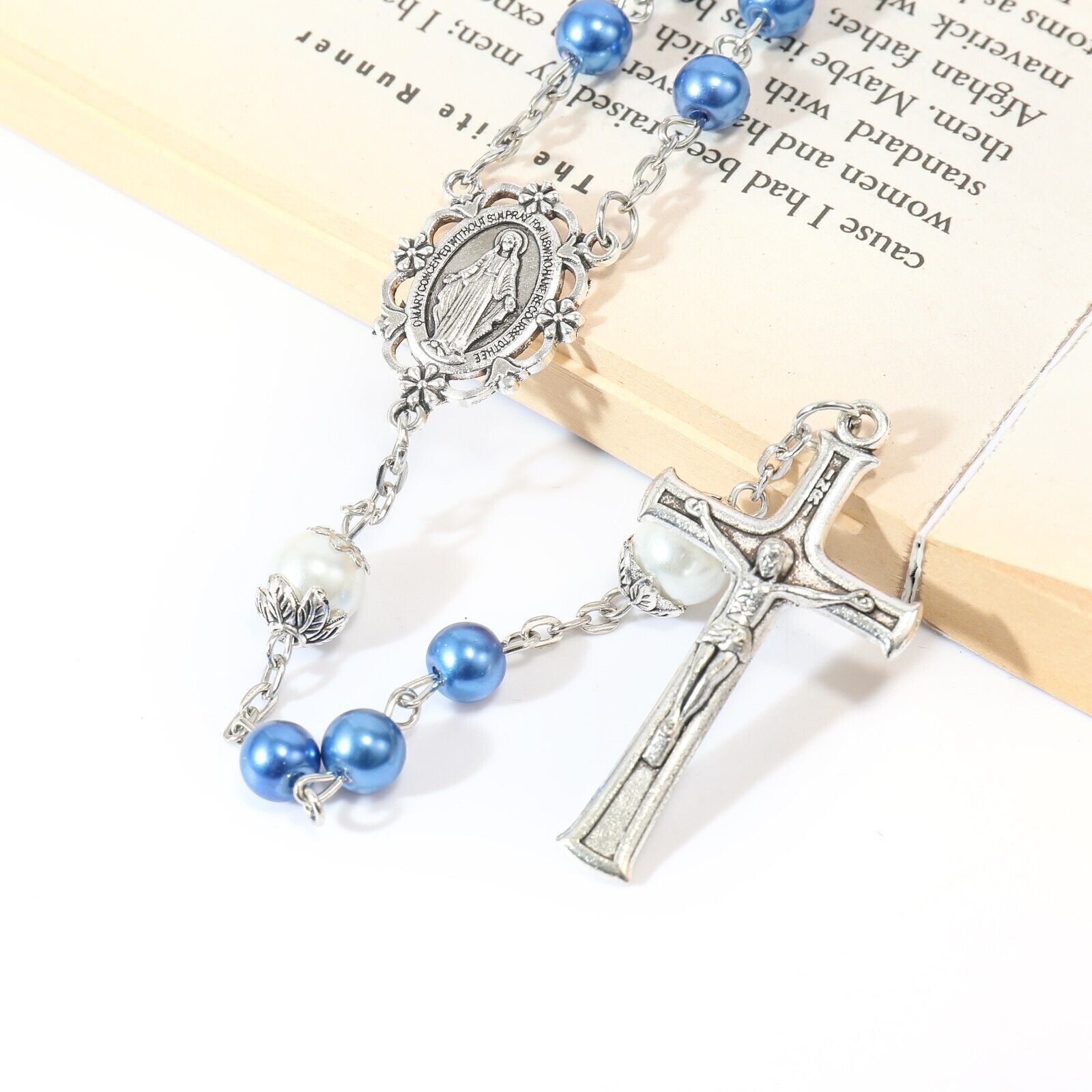 Blue Pearl-like Glass Rosaries White Mystery Beads with Purple Velvet Bag Nazareth Store