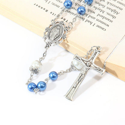 Blue Pearl Rosary Beads White Beaded Necklace Lourdes Medal & Cross - Nazareth Store