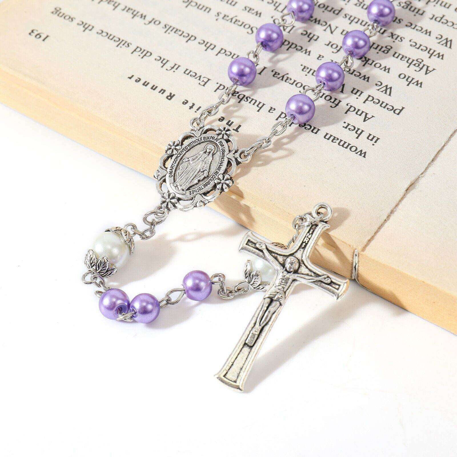 Purple Pearl Rosary Beads White Our Father Beads with Lourdes Medal & Crucifix Necklace - Nazareth Store