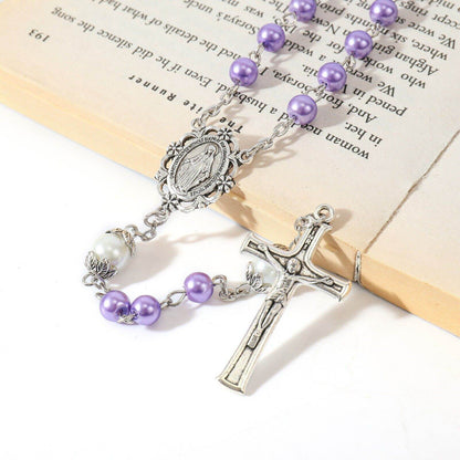 Purple Pearl Rosary Beads White Our Father Beads with Lourdes Medal & Crucifix Necklace - Nazareth Store