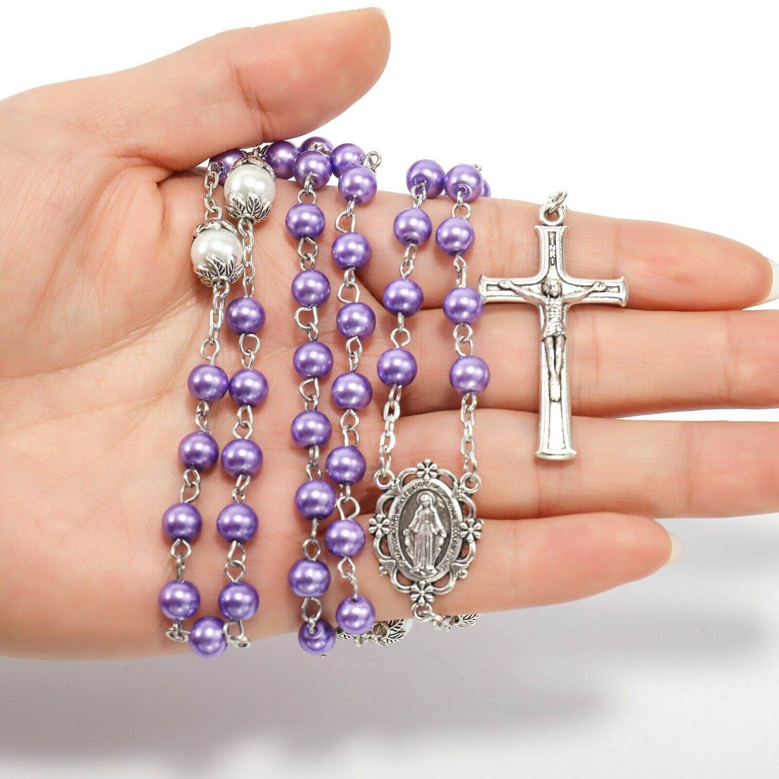Purple Pearl Beads Rosary White Our Father Beaded Necklace Lourdes Medal & Cross Crucifix - Nazareth Store
