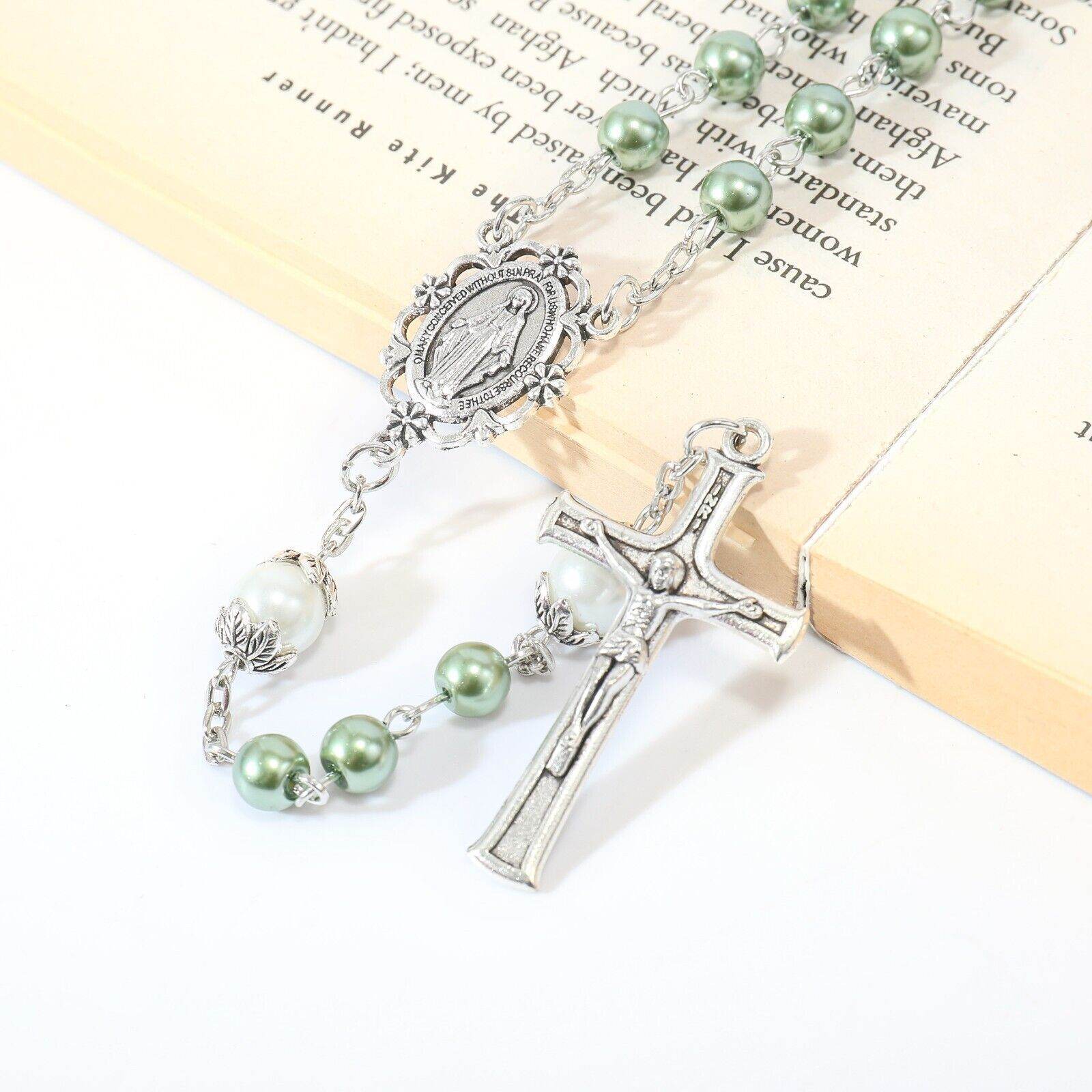 Green Pearl Beads Rosary White Our Father Beaded Necklace Lourdes Medal & Cross Crucifix - Nazareth Store