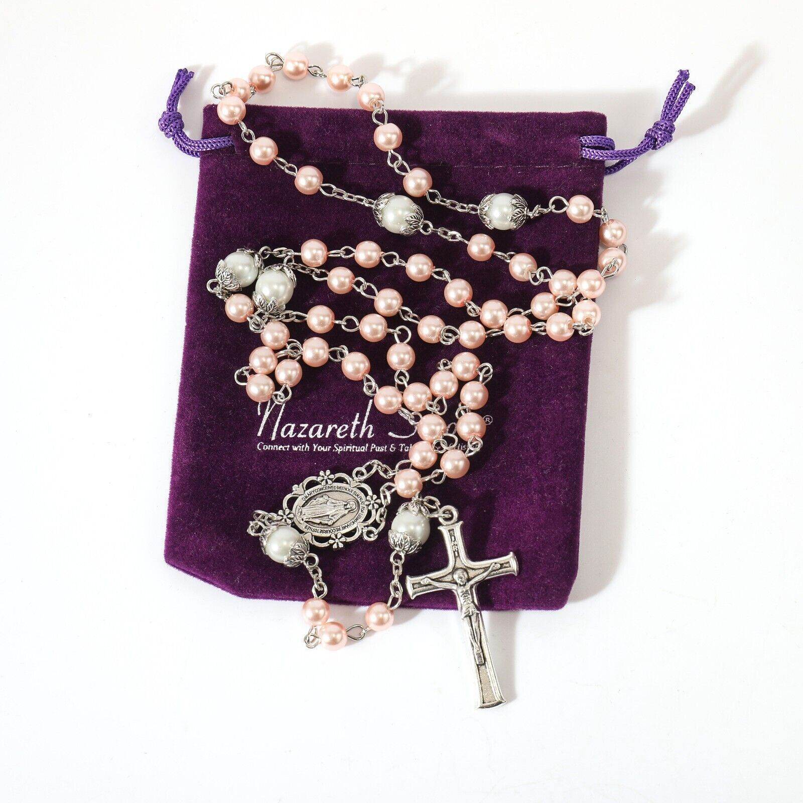 Pink Pearl Beads Rosary White Our Father Beaded Necklace Lourdes Medal & Cross Crucifix - Nazareth Store