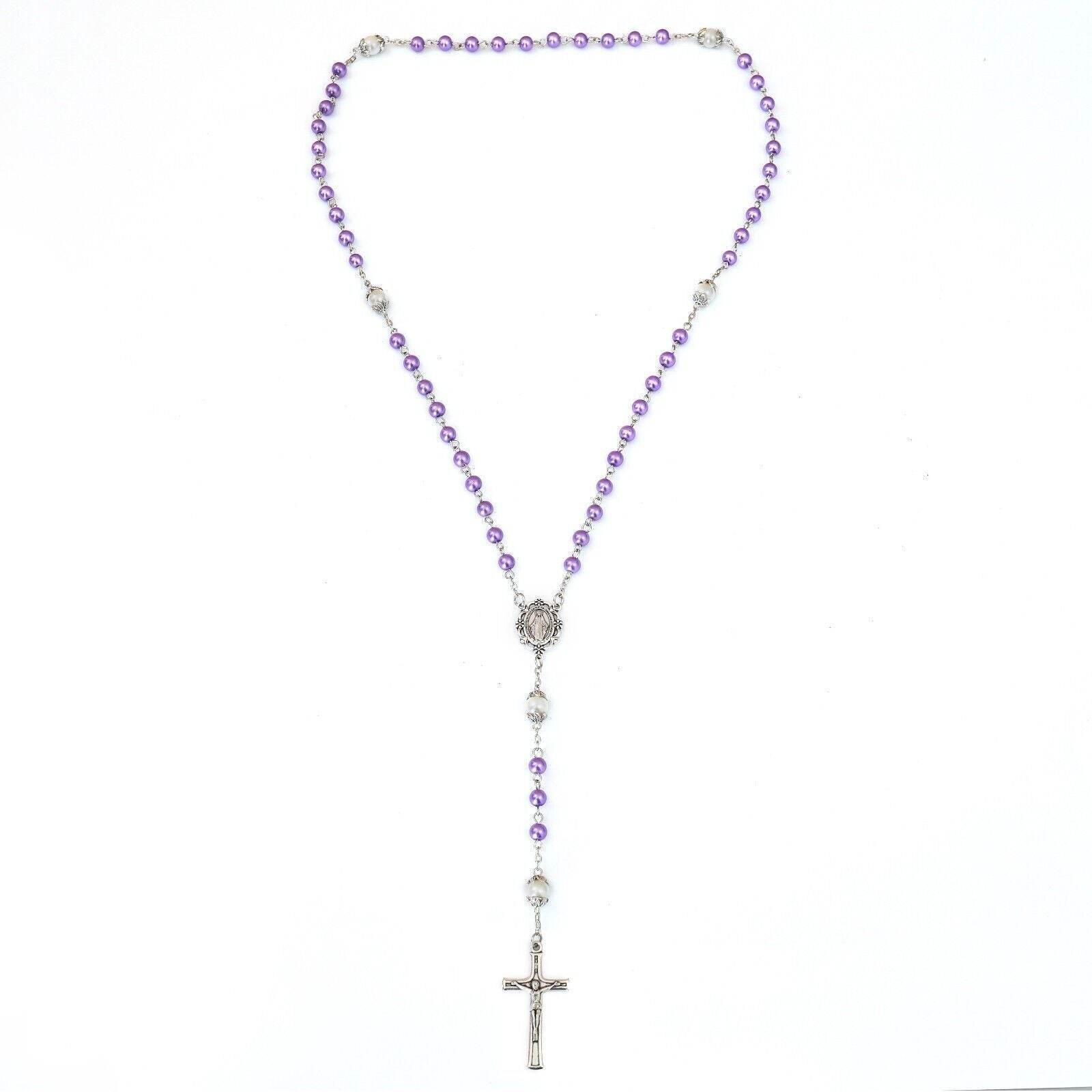 Purple Pearl Rosary Beads White Our Father Beads with Lourdes Medal & Crucifix Necklace - Nazareth Store