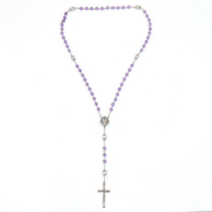 Purple Pearl Rosary Beads White Our Father Beads with Lourdes Medal & Crucifix Necklace - Nazareth Store