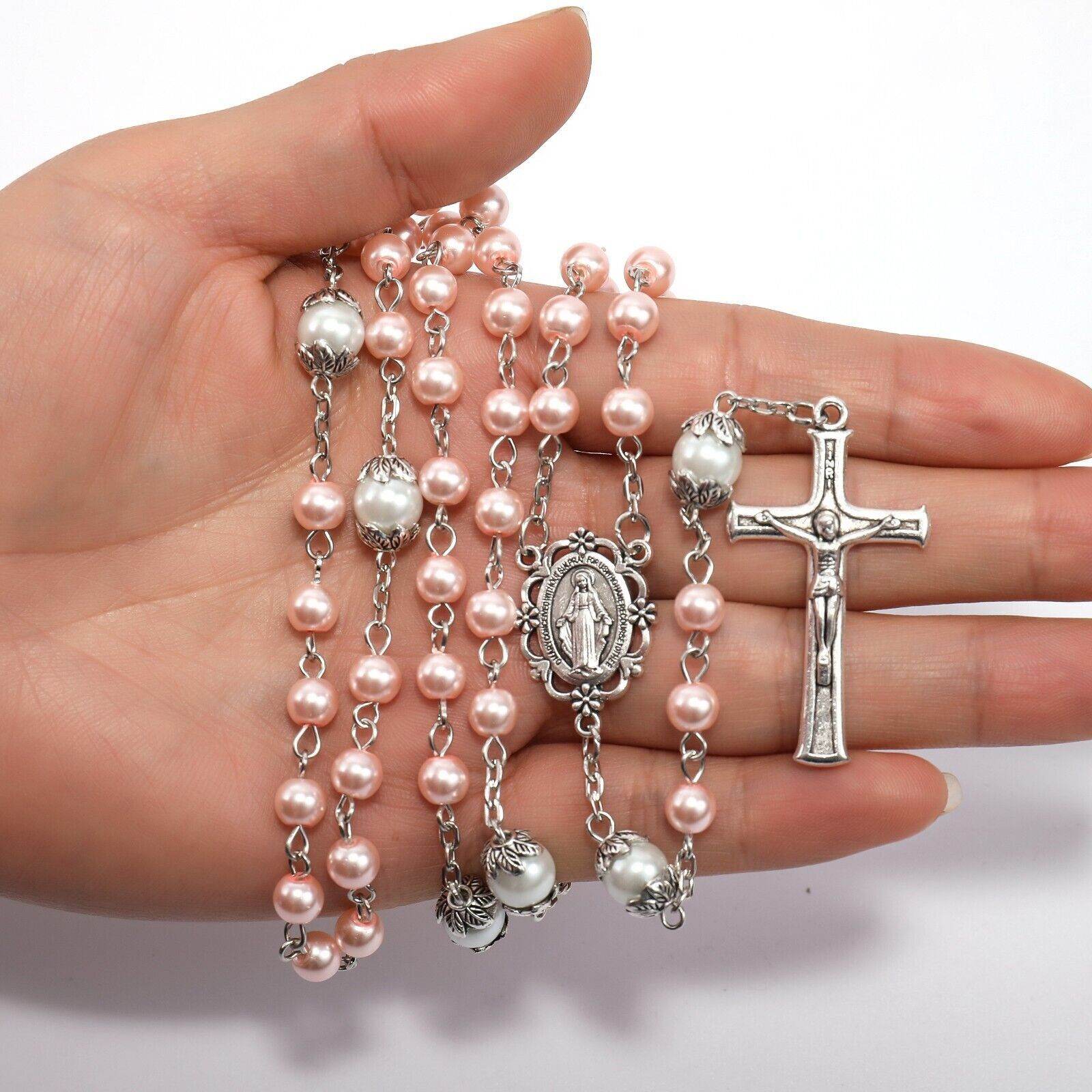 Pink Pearl Beads Rosary White Our Father Beaded Necklace Lourdes Medal & Cross Crucifix - Nazareth Store