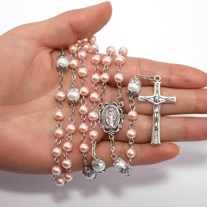 Pink Pearl Beads Rosary White Our Father Beaded Necklace Lourdes Medal & Cross Crucifix - Nazareth Store