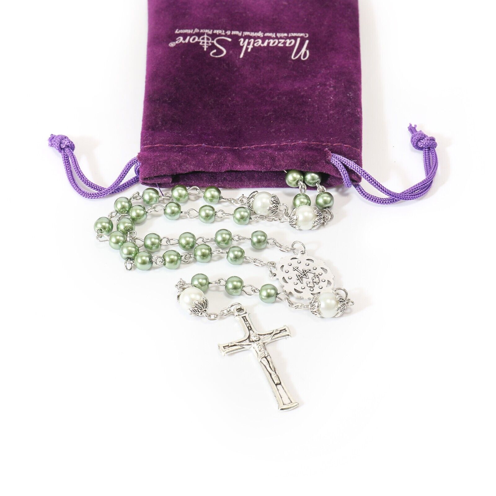 Green Pearl-like Glass Rosaries White Mystery Beads with Purple Velvet Bag Nazareth Store