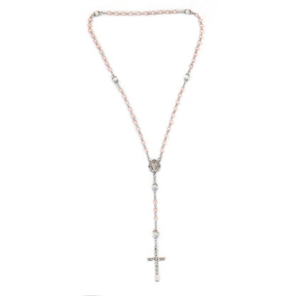 Pink Pearl Beads Rosary White Our Father Beaded Necklace Lourdes Medal & Cross Crucifix - Nazareth Store