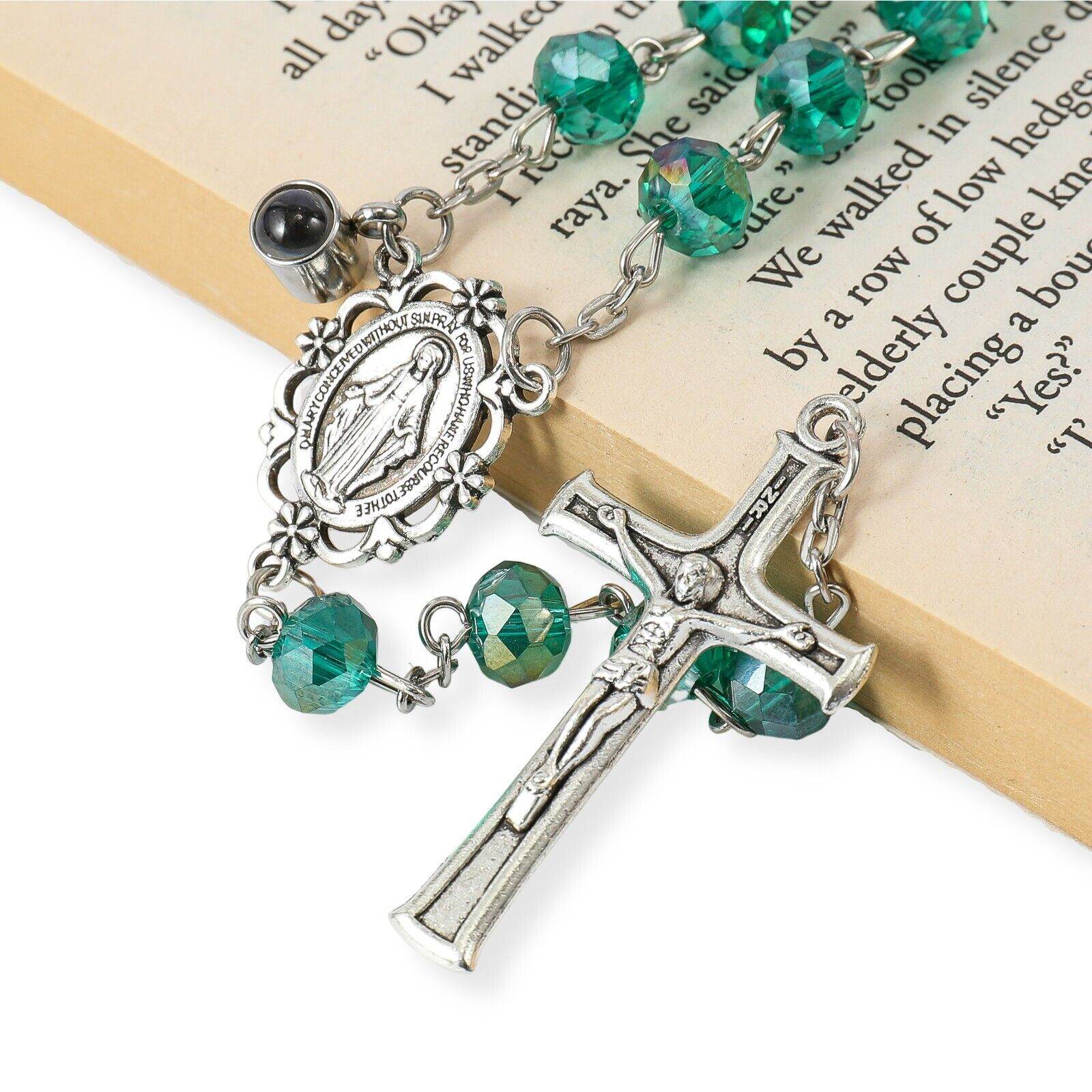 Green Crystallized Rosary Beads Necklace with Miraculous Medal - Nazareth Store