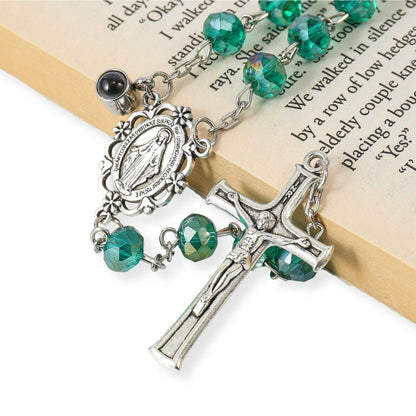 Green Crystallized Rosary Beads Necklace with Miraculous Medal - Nazareth Store