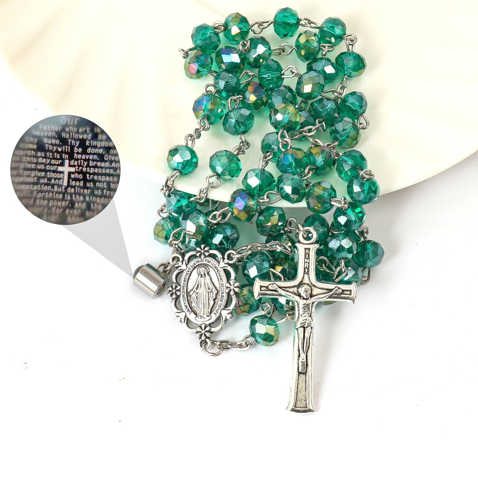 Green Crystallized Beads Rosary Miraculous Medal Our Father Projecting Prayer Nazareth Store