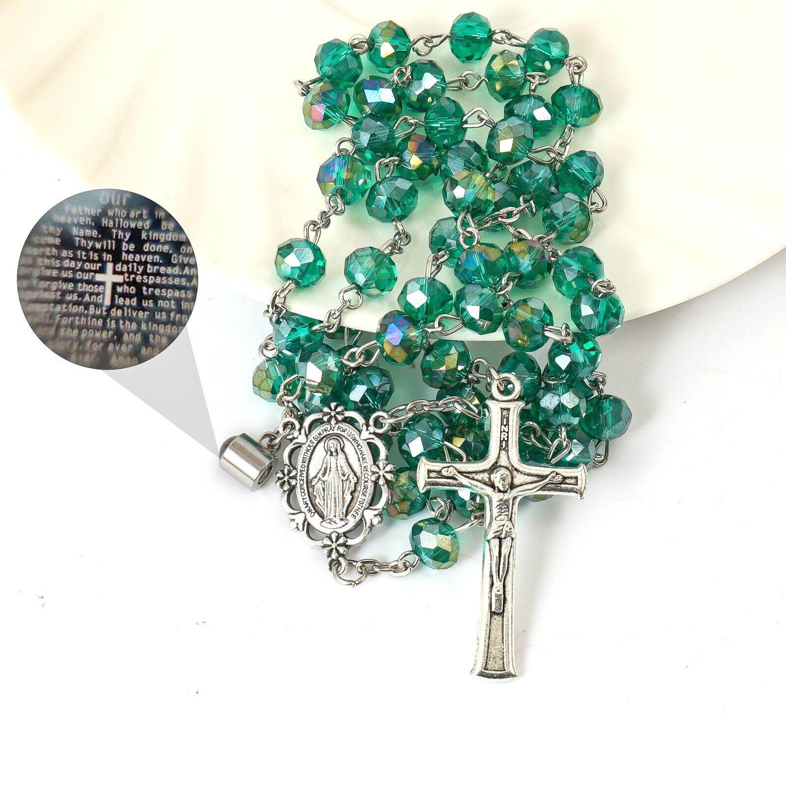 Green Crystallized Rosary Beads Necklace with Miraculous Medal - Nazareth Store