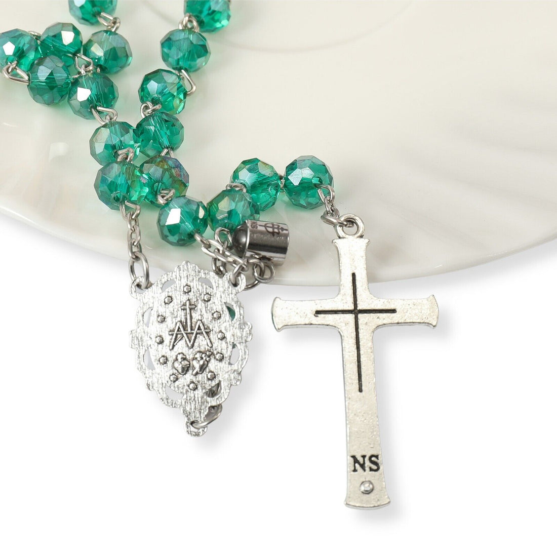 Green Crystallized Beads Rosary Miraculous Medal Our Father Projecting Prayer Nazareth Store