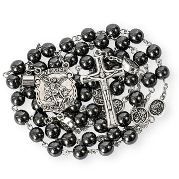 St. Michael Hematite Stone Beads Rosary Lords Prayer Saint Medal & Crucifix Nazareth Store