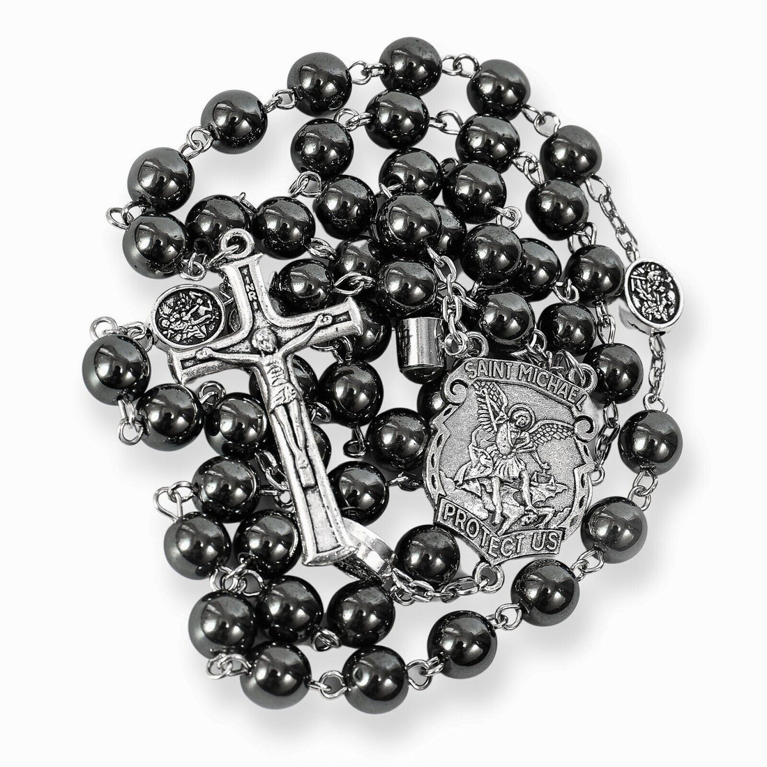 St. Michael Hematite Stone Beads Rosary Lords Prayer Saint Medal & Crucifix Nazareth Store