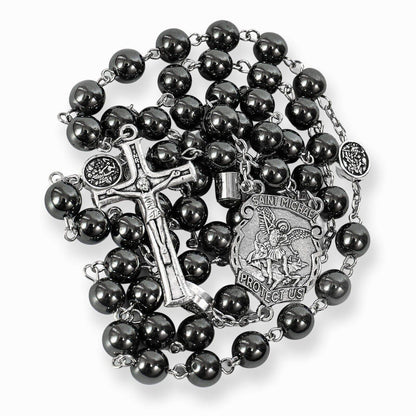 St. Michael Hematite Rosary Stone Beads with Lord’s Prayer Saint Medal & Crucifix - Nazareth Store