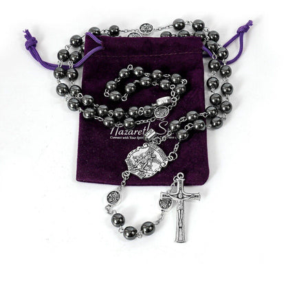 St. Michael Hematite Stone Beads Rosary Lords Prayer Saint Medal & Crucifix - Nazareth Store