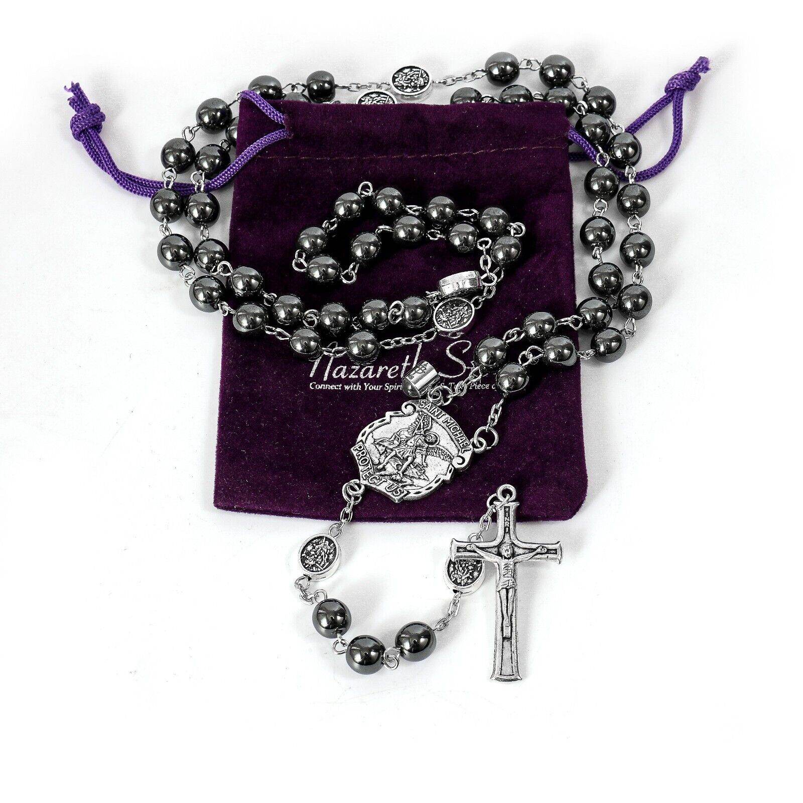 St. Michael Hematite Rosary Stone Beads with Lord’s Prayer Saint Medal & Crucifix - Nazareth Store
