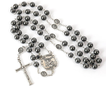 St. Michael Hematite Rosary Stone Beads with Lord’s Prayer Saint Medal & Crucifix - Nazareth Store