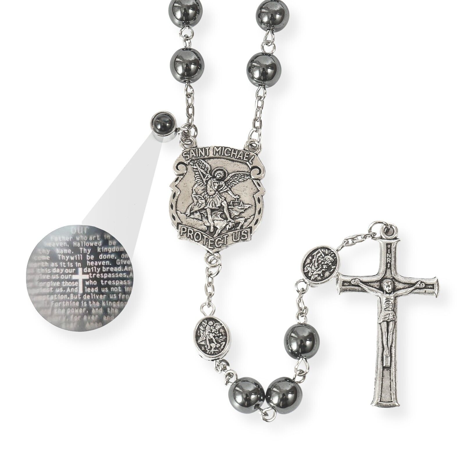 St. Michael Hematite Stone Beads Rosary Lords Prayer Saint Medal & Crucifix Nazareth Store