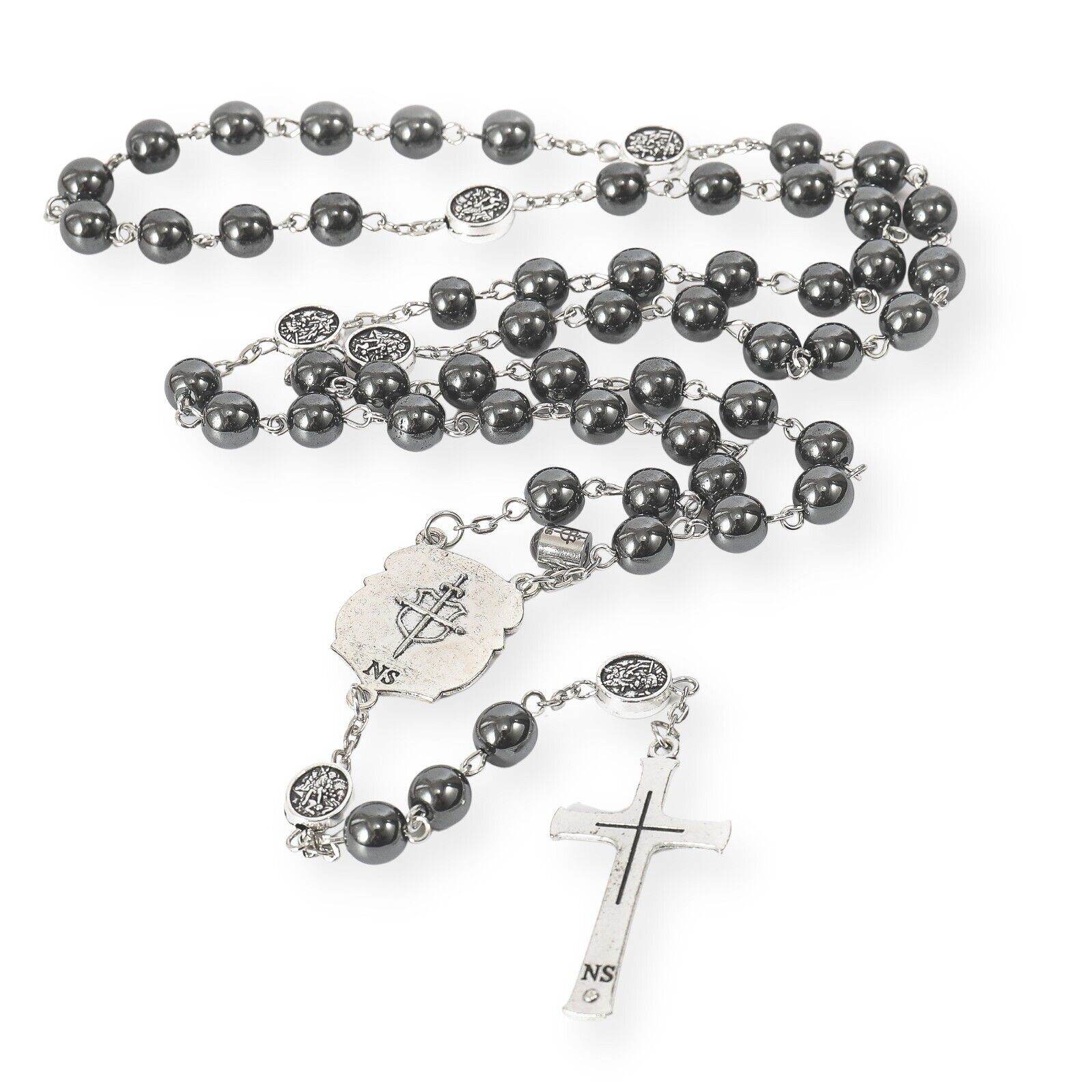 St. Michael Hematite Rosary Stone Beads with Lord’s Prayer Saint Medal & Crucifix - Nazareth Store