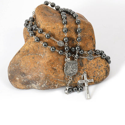 St. Michael Hematite Rosary Stone Beads with Lord’s Prayer Saint Medal & Crucifix - Nazareth Store