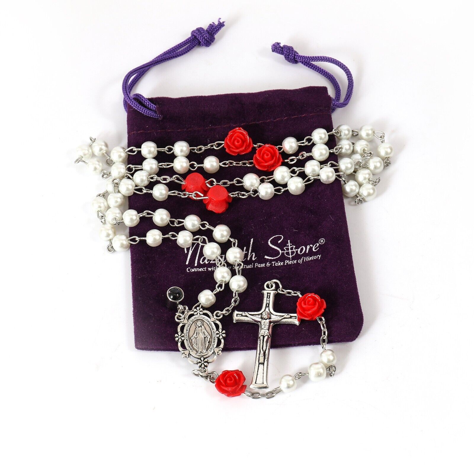 White Pearl Beads Rosary Our Father Prayer Projection and Miraculous Medal 22" Nazareth Store
