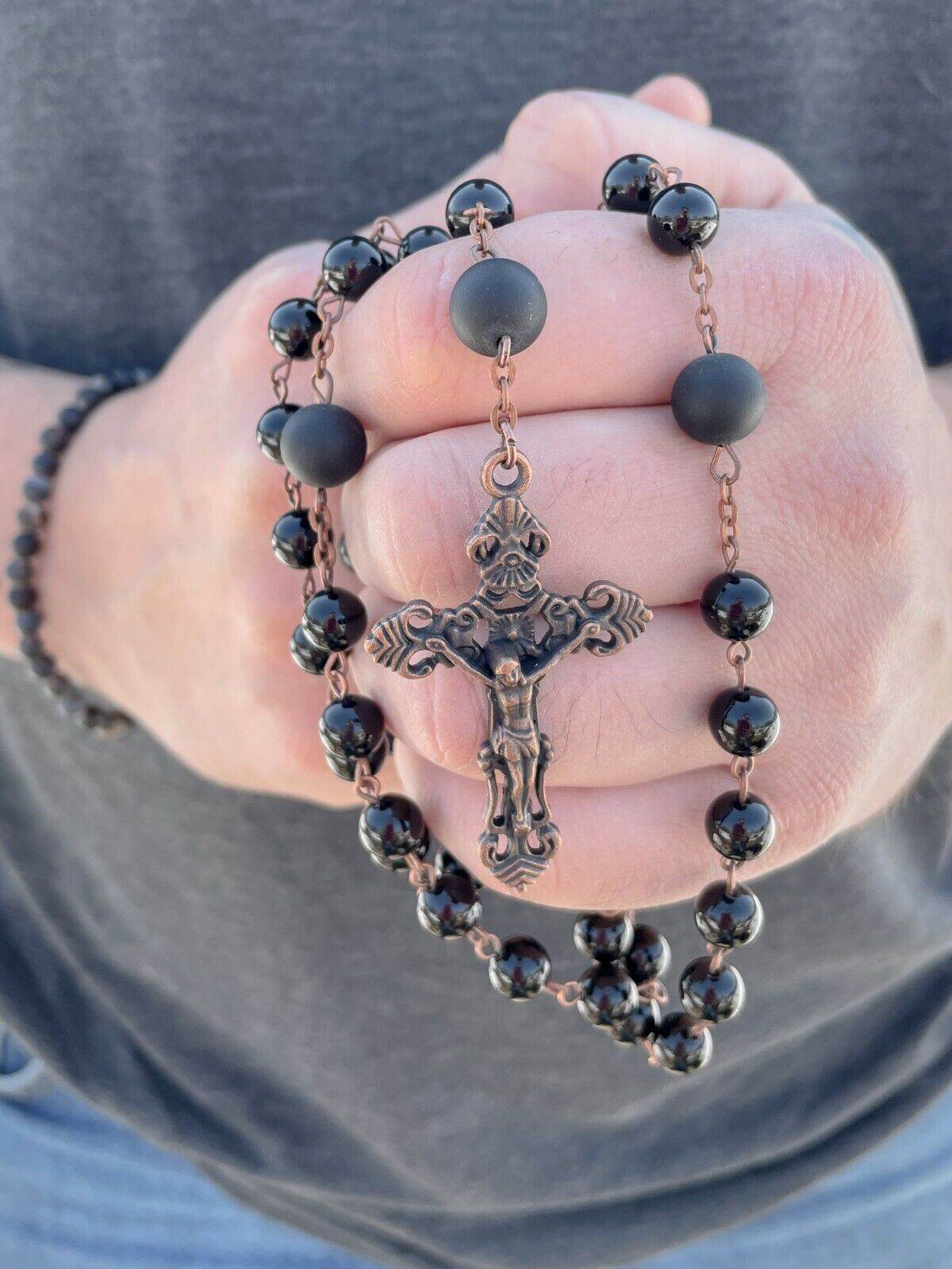 Natural Onyx Stone Beads Rosary Vintage Design Necklace Holy Soil Medal Cross - Nazareth Store