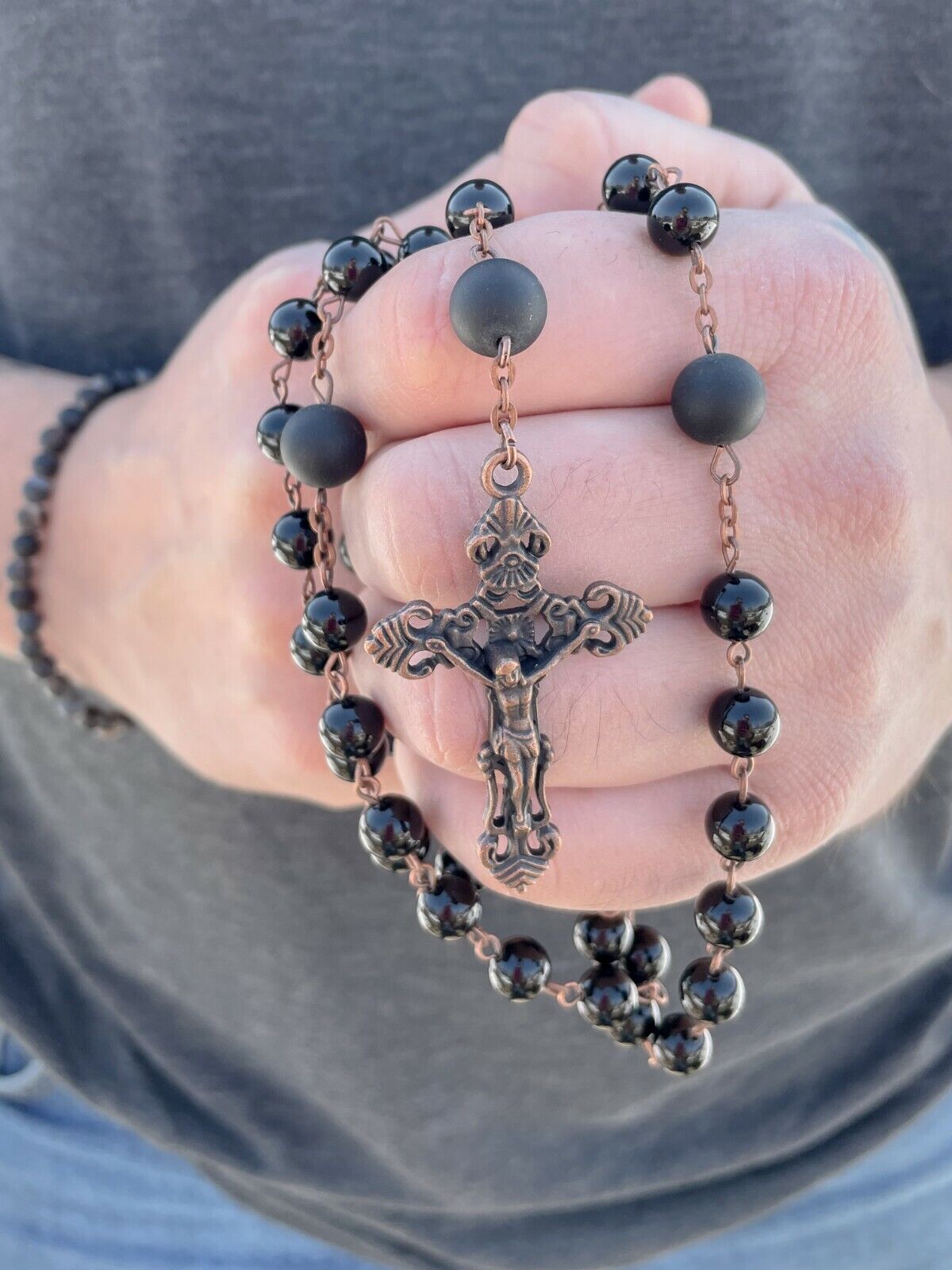 Natural Onyx Rosary Stone Beads Vintage Design Necklace Holy Soil Medal Cross Nazareth Store