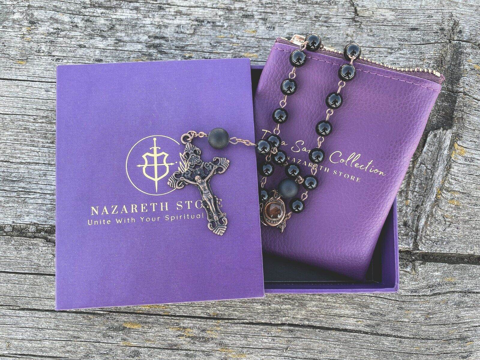 Natural Onyx Rosary Necklace Vintage Design with Holy Soil Medal & Cross - Nazareth Store