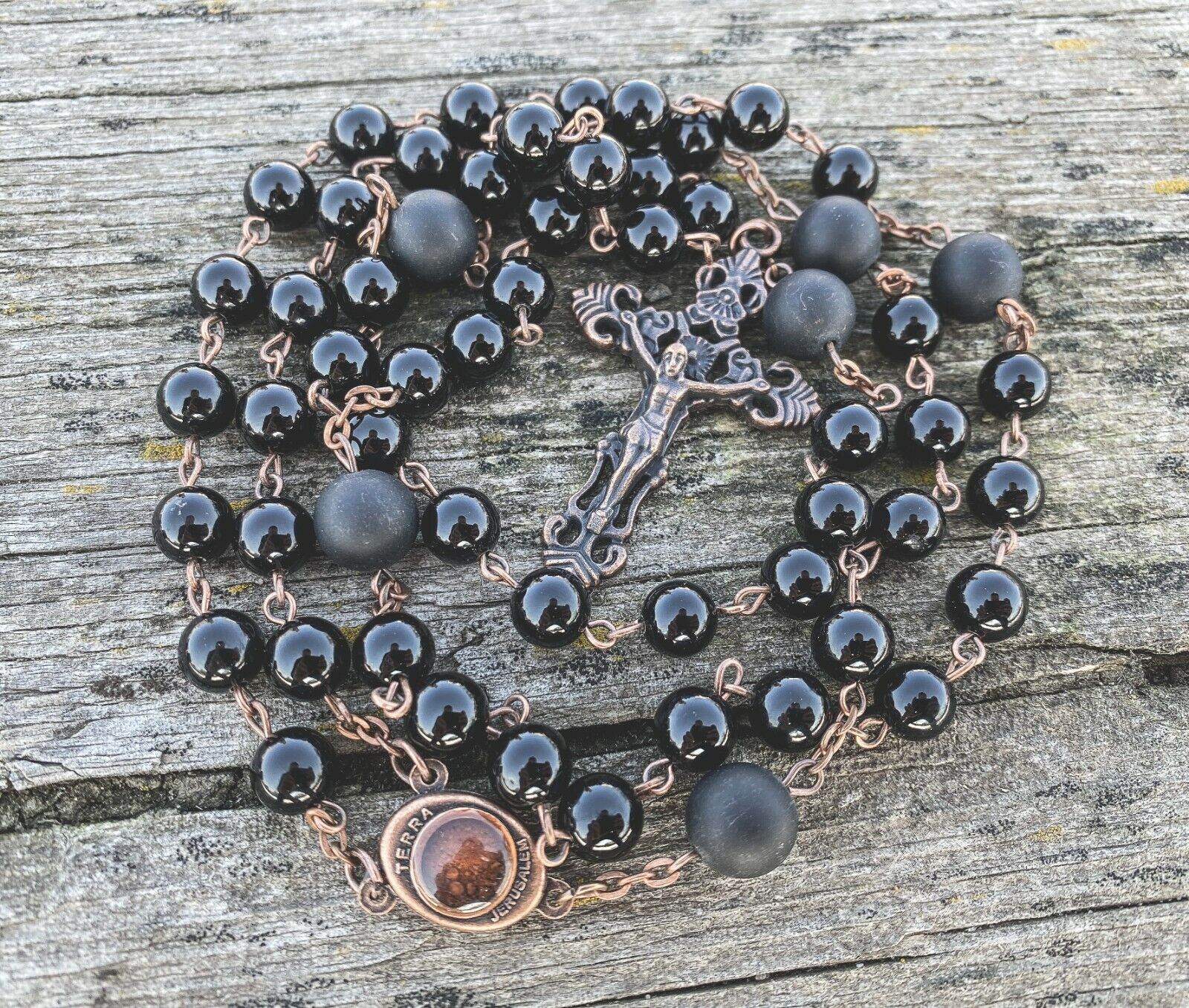 Natural Onyx Stone Beads Rosary Vintage Design Necklace Holy Soil Medal Cross - Nazareth Store