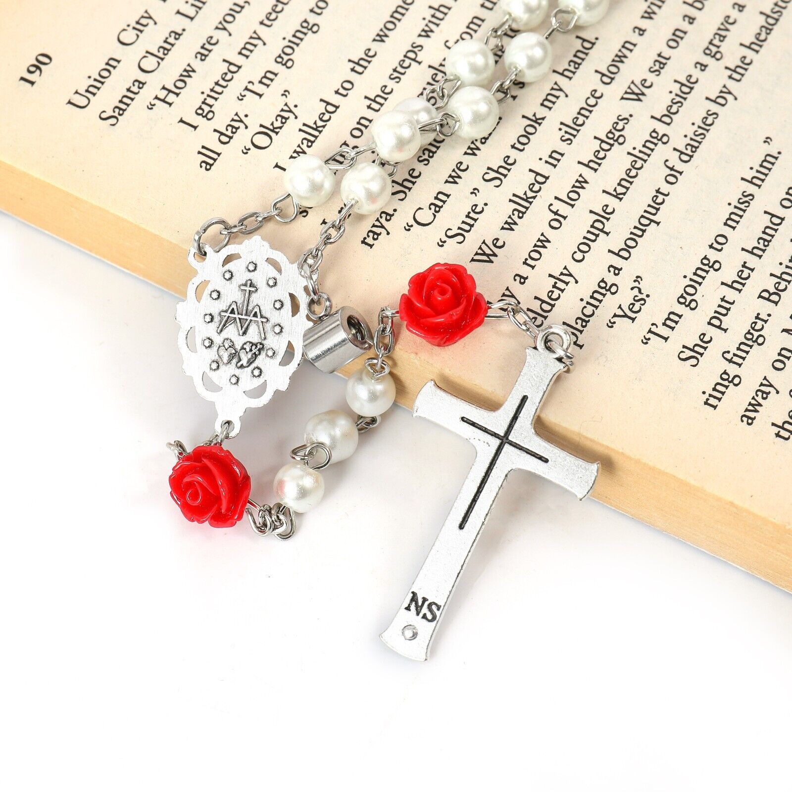 White Pearl Beads Rosary Our Father Prayer Projection and Miraculous Medal 22" Nazareth Store