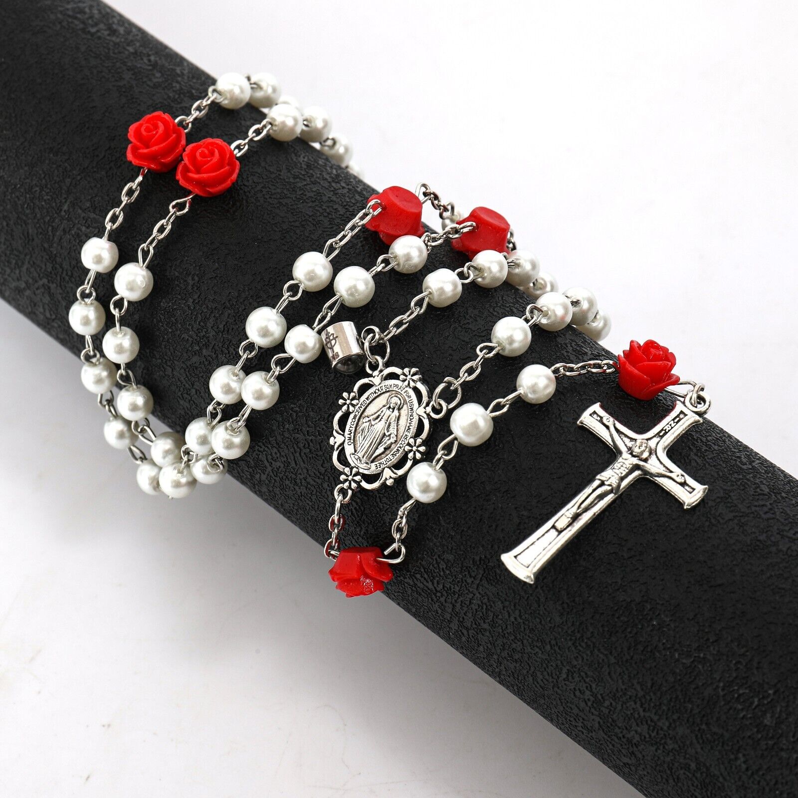 White Pearl Beads Rosary Our Father Prayer Projection and Miraculous Medal 22" Nazareth Store