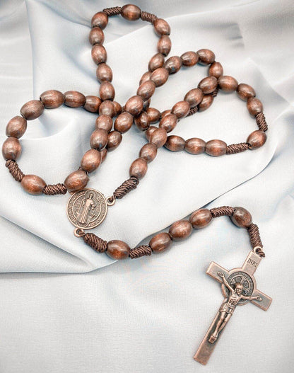 St Benedict Wood Rosary Cord Beaded Chaplet Wood Beads Saint Medal & Cross - Nazareth Store