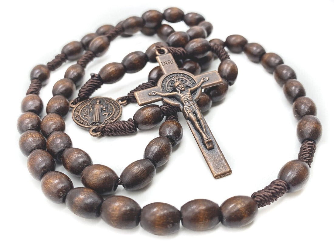 St Benedict Wood Rosary Cord Beaded Chaplet Wood Beads Saint Medal & Cross Nazareth Store