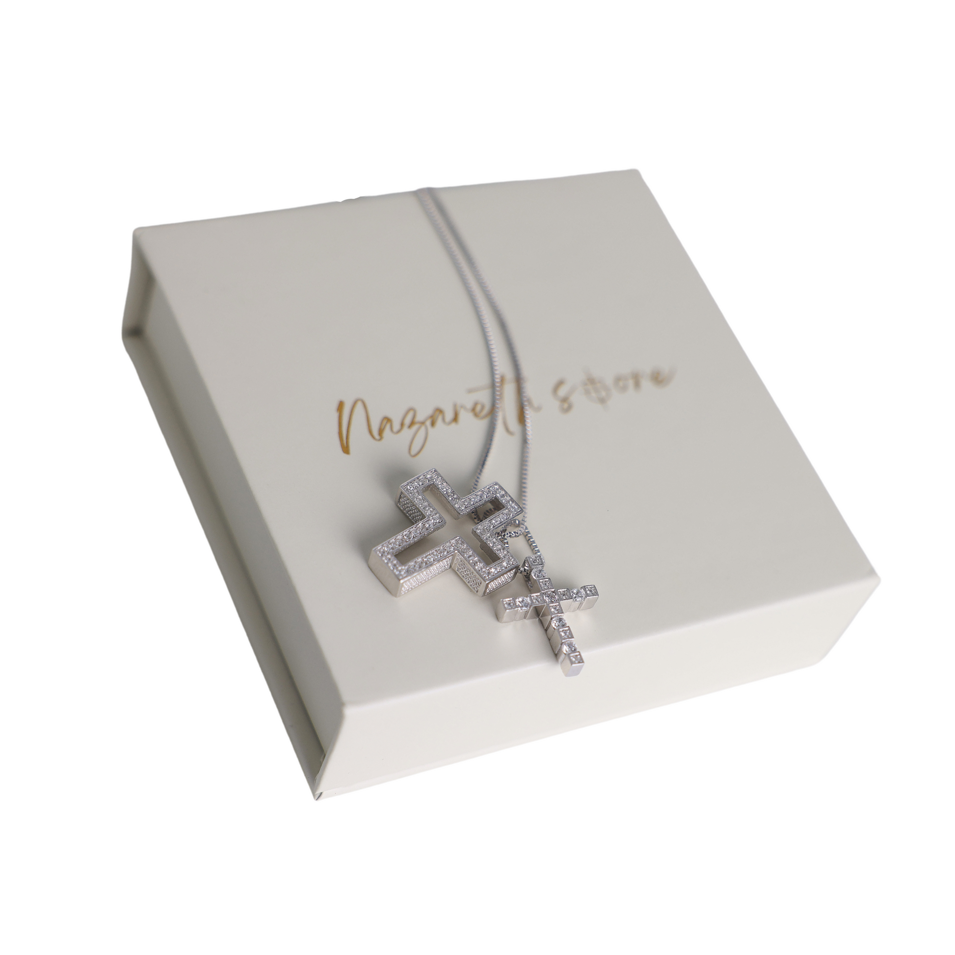 Sterling Silver 925 Two Parted Cross Pendant Cubic Zirconia Necklace 18 Nazareth Store