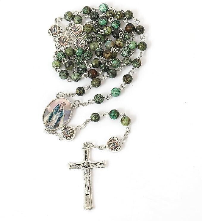 African Jasper Stone Beads Rosary Necklace with Miraculous Epoxy Heart Metal Beads Nazareth Store